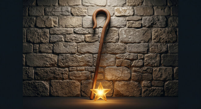 Bible, A conceptual, minimalist 3D render of a single, wooden shepherd&rsquo;s crook leaning against a stone wall. Resting at the base of the crook is a single, glowing, golden star-shaped light.