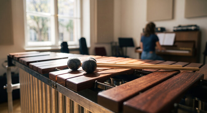 A close-up, artistic composition featuring a pair of hard rubber mallets resting on the wooden bars of a xylophone, with the background