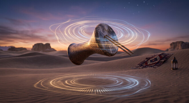 A conceptual, surreal image of a darbuka floating in a serene, desert landscape at twilight, with faint, glowing, rhythmic ripples emanating