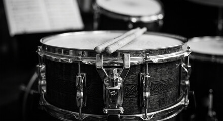Obraz premium A high-contrast black and white photograph focusing on the geometric rhythm of the tension hoops and the mounting bracket of a tom-tom, 