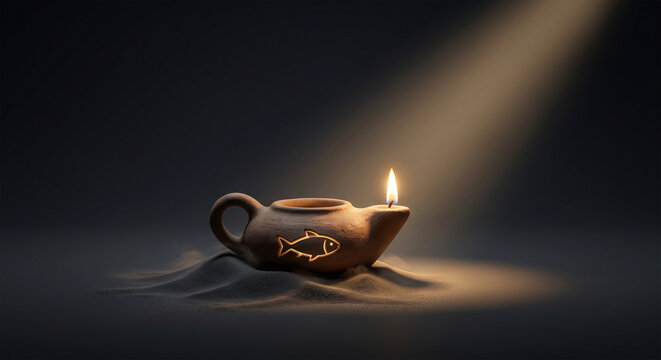 Bible, A conceptual, minimalist 3D render of a single, rustic clay oil lamp resting on a beach, partially buried in sand. A tiny, glowing fish silhouette is engraved on the side of the lamp,