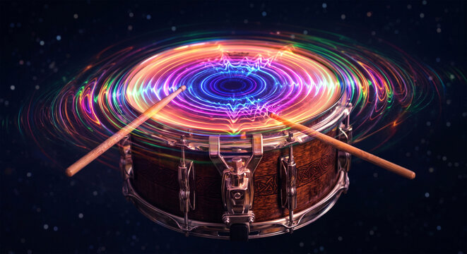 A conceptual, surreal image of a tom-tom drum floating in a dark, infinite space, with vibrant, rhythmic, glowing shockwaves radiating 