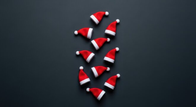 Pattern of small red santa claus hats arranged on a dark grey background