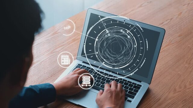 ERP icons show management, integration, and business process. ERP supports data management, ERP efficiency, and ERP organizational solutions. Gist