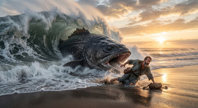 Bible, &nbsp;A wide-angle, cinematic photograph of a massive wave breaking on a sandy beach. A colossal, dark shape of a giant fish is visible just beneath the surface of the crashing water,