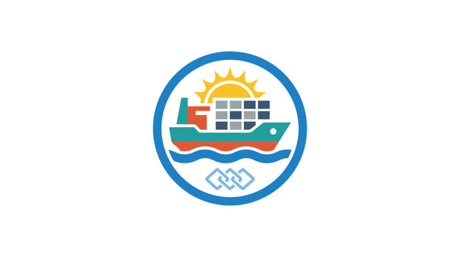 Container Ship with Sun and Blockchain Link Logo