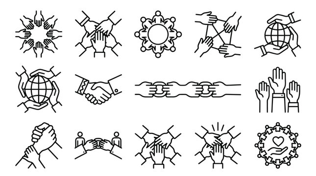 Set of teamwork and cooperation thin line icons.