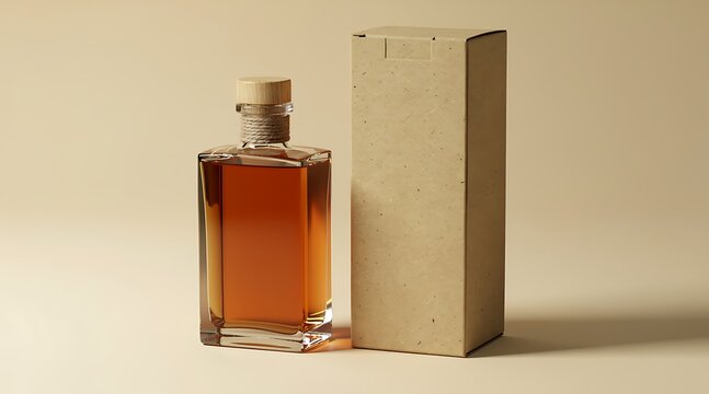 Clear glass bottle with amber liquid and cork stopper next to a cardboard box.