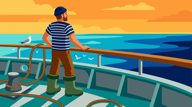 Sailor looking at the sea horizon from a boat deck at sunset