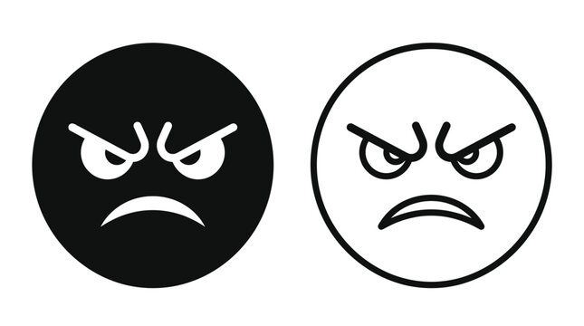 Minimalist vector illustration featuring two contrasting circular faces showing extreme anger with bold dark lines and clean geometric shapes on a stark white isolated background
