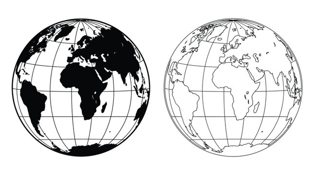 Two high contrast black and white globe icons featuring detailed continental outlines and longitude lines presented as a minimalist graphic design element on white background