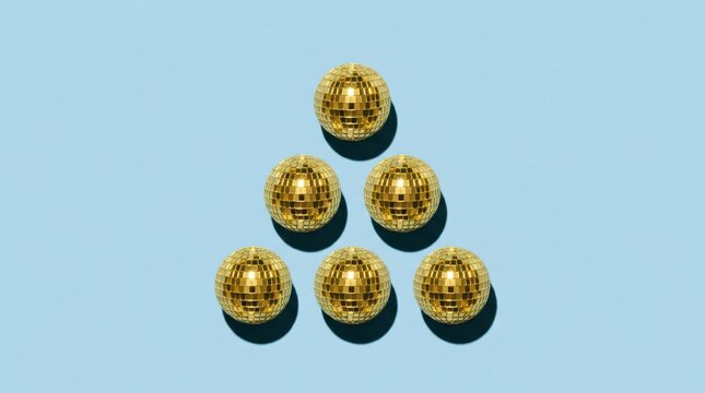 Six golden disco balls arranged in a triangle shape on a light blue background