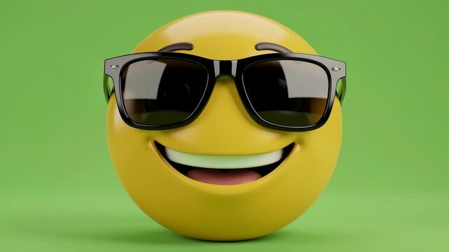 3D cool smiley face emoji wearing sunglasses with bright green background and happy expression