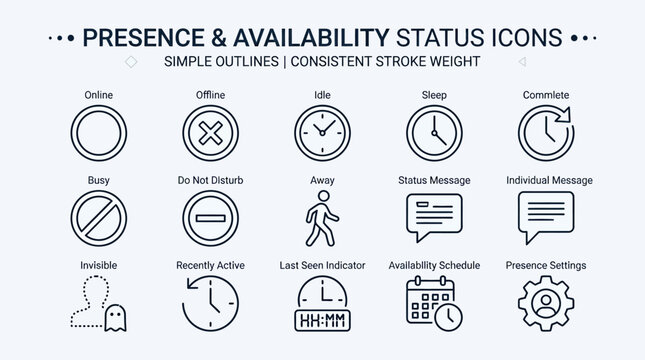 Set of presence and availability status icons with simple line art design.