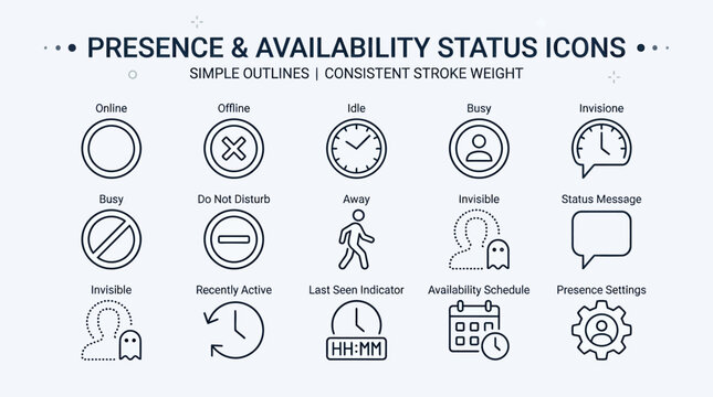 Set of presence and availability status outline icons for messaging and user interface design.
