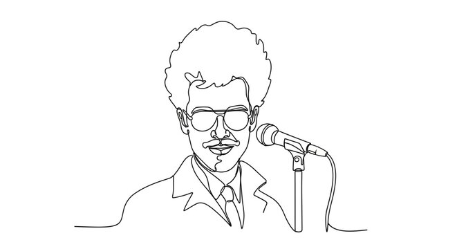 Man with afro and sunglasses at microphone, one line drawing