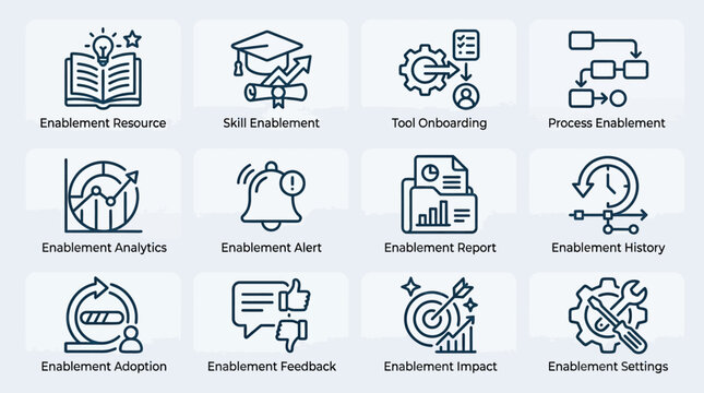 Set of professional business enablement and corporate development thin line icons.