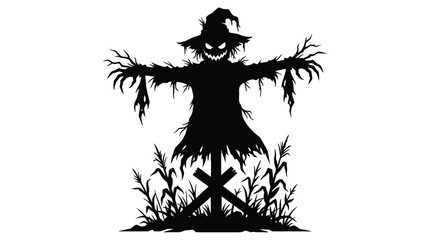 Fototapeta premium Scary black silhouette of a wicked scarecrow with glowing white eyes standing in a field during a dark night for a festive halloween holiday graphic design