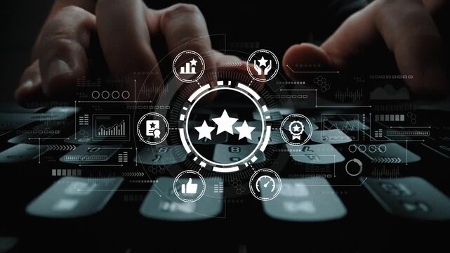 Hands Typing on Keyboard with Digital Icons Representing Feedback, Reviews, Ratings, Data Analytics, and Technology Innovations in Modern Business Context. Entropy.