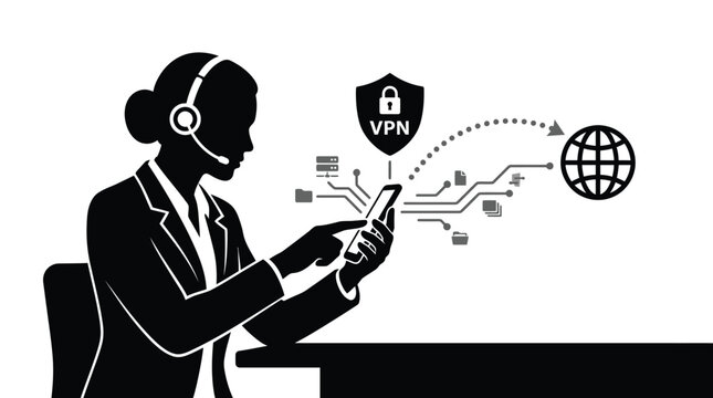 Professional support agent wearing a headset while using a smartphone to connect securely to a global network through a private vpn shield for digital data protection
