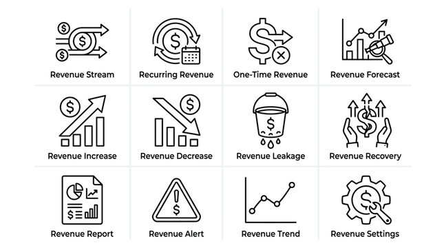 Set of line icons for business revenue and financial analysis.