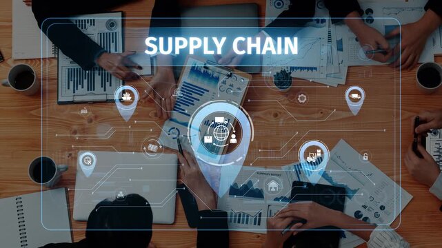 A dynamic business meeting showcasing supply chain graphics, data analysis, and professionals collaborating, enhancing strategy development and communication in a modern workspace. Raster
