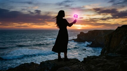 Fototapeta premium Woman standing on rocky cliffside holding glowing pink flower at sunset