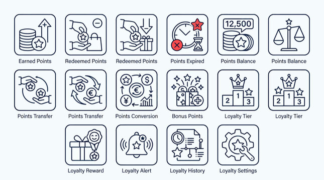Set of loyalty program and rewards system line icons for business.