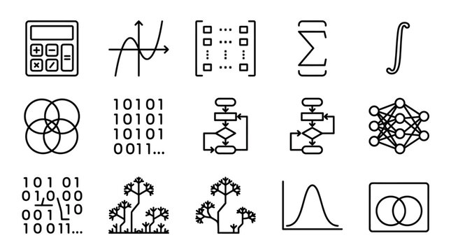 Set of math and computer science linear icons for data analysis.