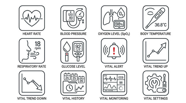 Set of medical vital signs and healthcare monitoring line icons.