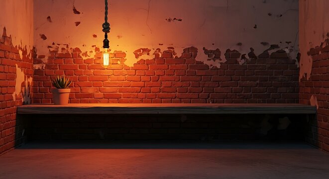 Empty square room with Wood shelf, grunge industrial interior with edison light bulb