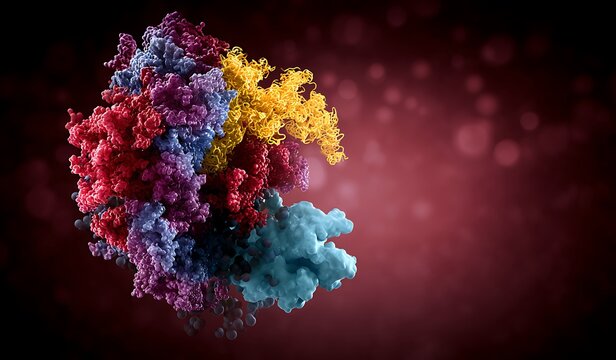 Protein complex interaction with DNA strand. Biomolecular structure, molecular machinery and cellular process. Biotechnology research, genetic engineering, drug discovery, CRISPR Cas9 enzyme