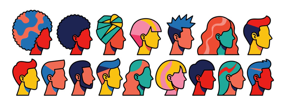 Abstract colorful diverse human profiles in modern flat vector style for creative agency branding and multicultural corporate presentations