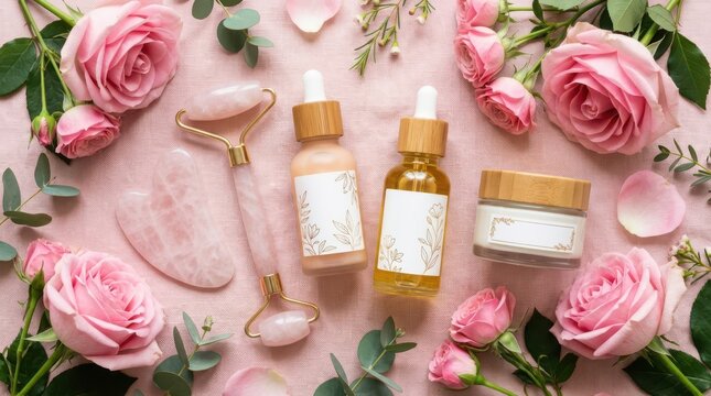 Beauty skincare products with rose flowers and quartz roller on pink background