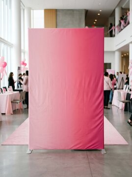 Pink fabric screen standing in a large event space with people and decorations