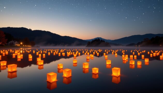 A tranquil lake filled with floating lanterns reflecting warm golden light beneath a starry sky