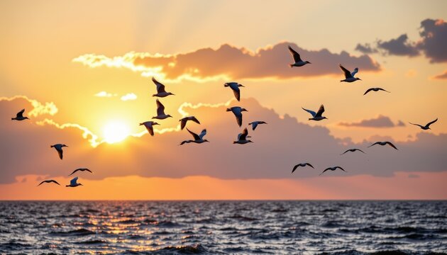 A graceful flock of white birds flying across a golden sunrise sky above calm ocean waters