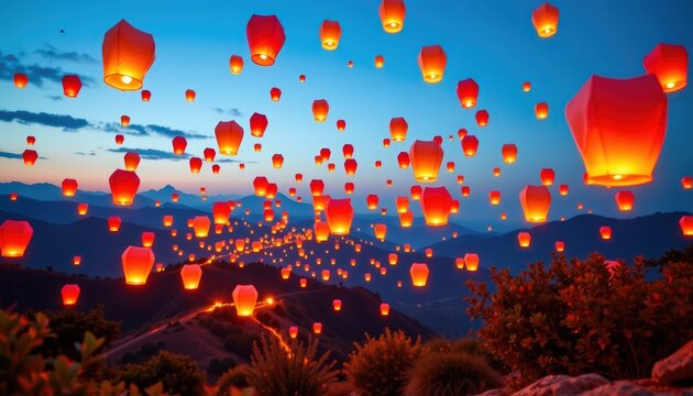 Hundreds of glowing paper lanterns floating into the night sky above a peaceful valley