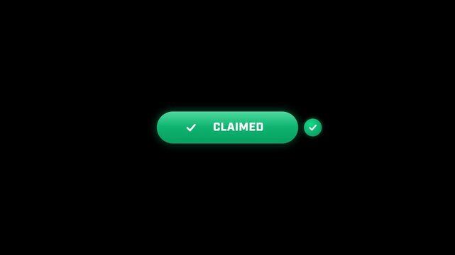 Animated claim reward pill button tapped by cursor swapping to emerald confirmed checkmark state on black luma key 4K
