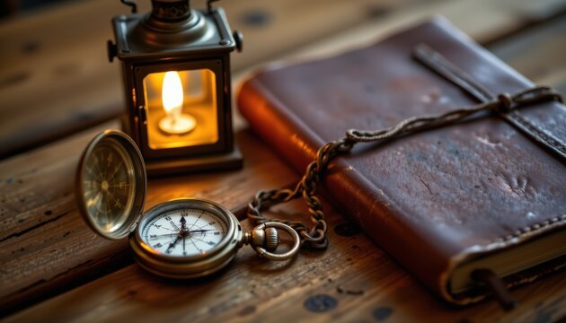 A vintage brass compass resting beside an antique pocket watch and weathered leather journal on a ru