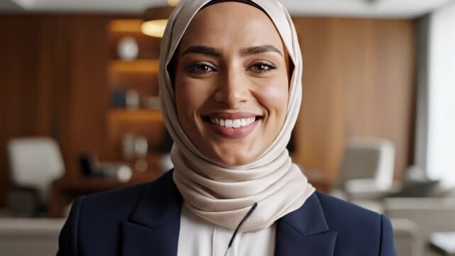 Smiling businesswoman wearing a hijab standing in a modern office environment with a blurred background and a professional outfit.