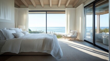 Fototapeta premium Coastal master suite, floor-to-ceiling windows, linen fabrics, ocean horizon generative ai
