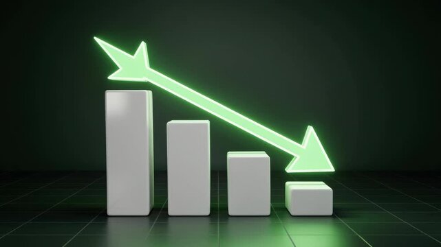 Declining business growth concept with glowing green downward arrow and bar chart on dark background