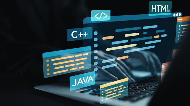 A close-up view of hands typing on a laptop, surrounded by colorful code snippets showcasing various programming languages in a dark environment, emphasizing technology. Qubit