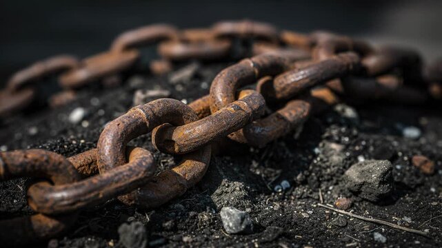 Closeup of rusty metal chain lying on dark soil with rocks and dirt in outdoor setting