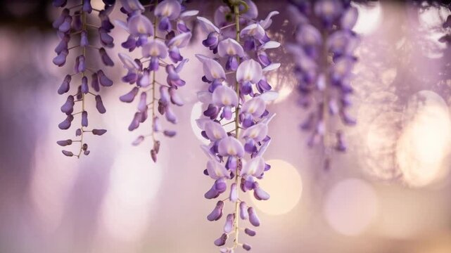 Close up of blooming purple wisteria flowers with soft natural light and gentle bokeh background in spring garden