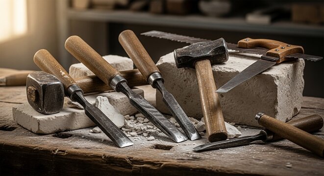 stone carving tools on wooden workbench in workshop