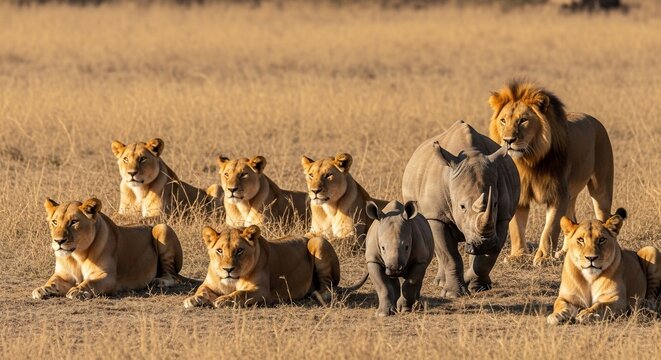 Lion and rhino with lionesses in savannah grassland habitat