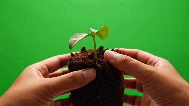 Hands holding a small green plant seedling in soil against a green screen background.