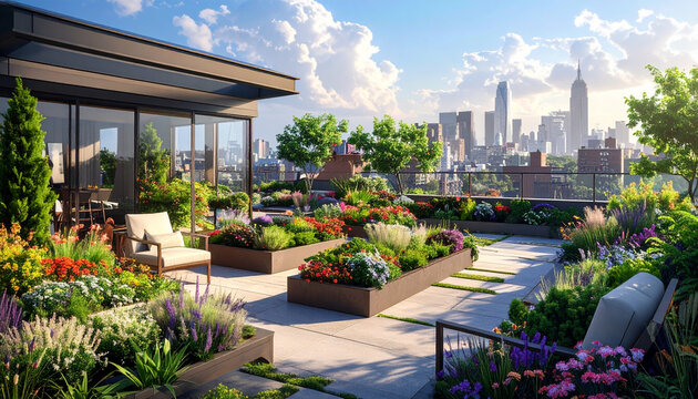 Roof garden with flowers and city skyline